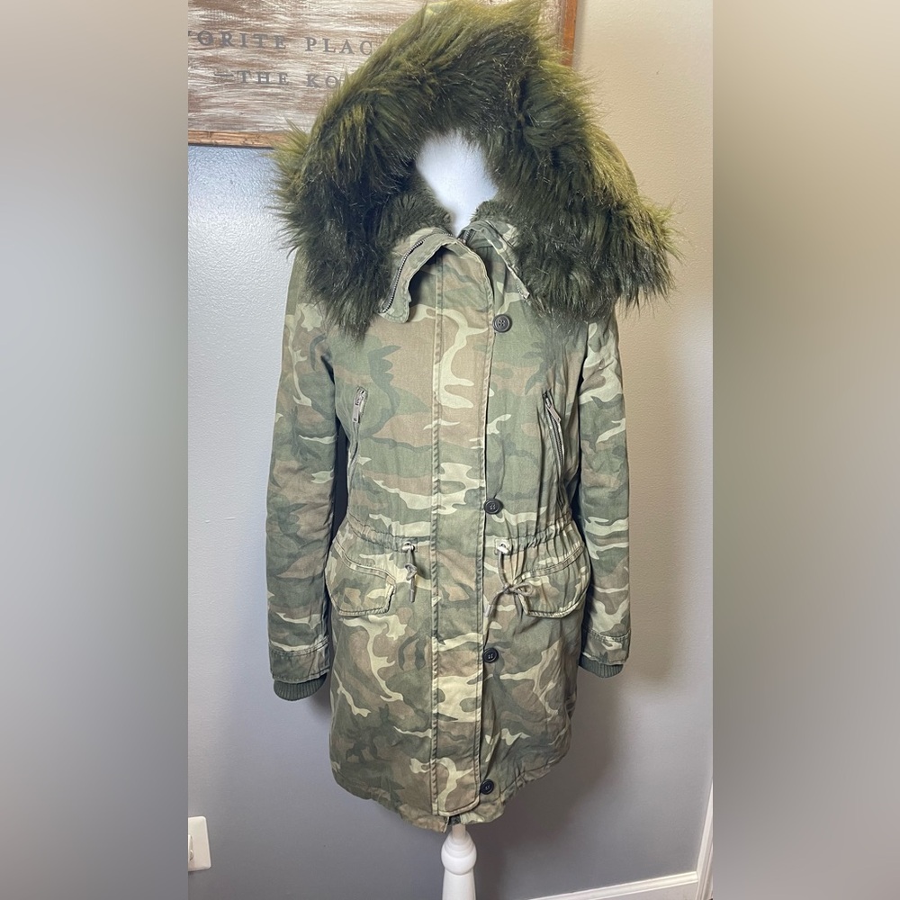 Zara Trafuluc Women's Green Army Brown Camo Faux Fur Parka Coat Size XS